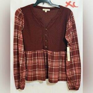 Red Peplum Blouse with Buttoned Front and Long Sleeves